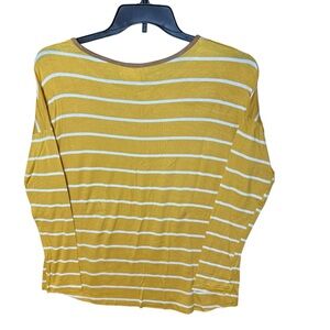 Ella Mara Yellow and White Striped Long Sleeve Top with Faux Suede Elbow Patches